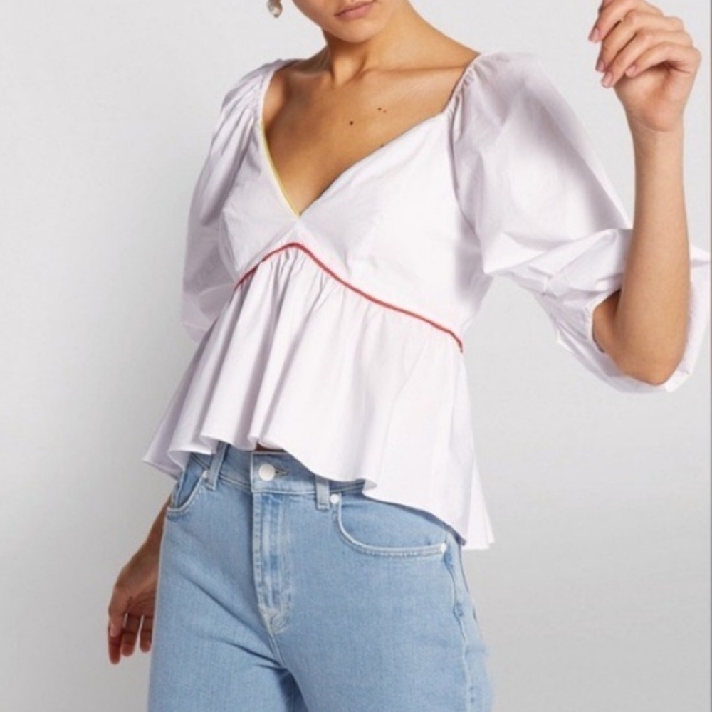 STAUD White Blouse with Red and Yellow Accents